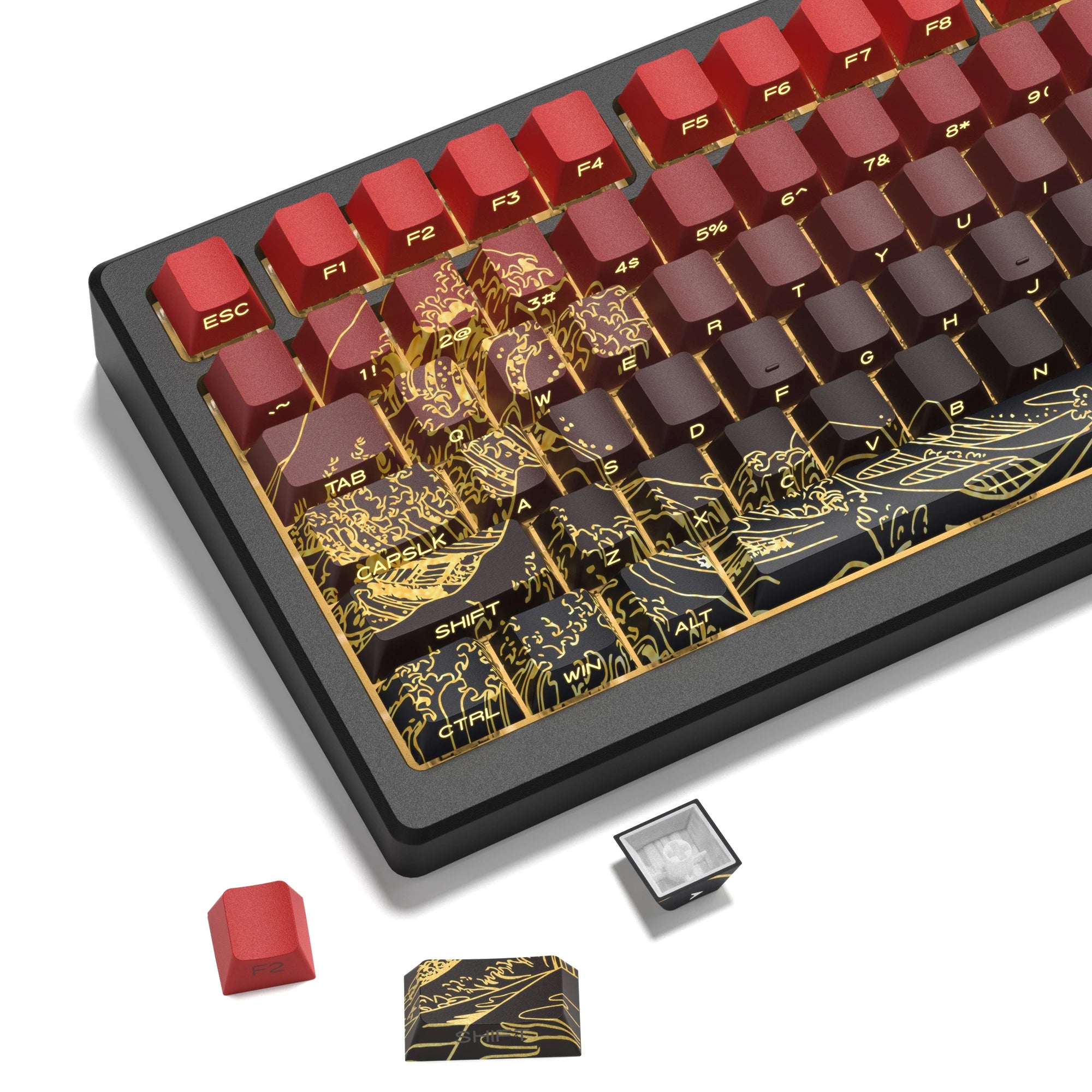 Black Red Kanagawa Side Printed Shine Through Keycaps