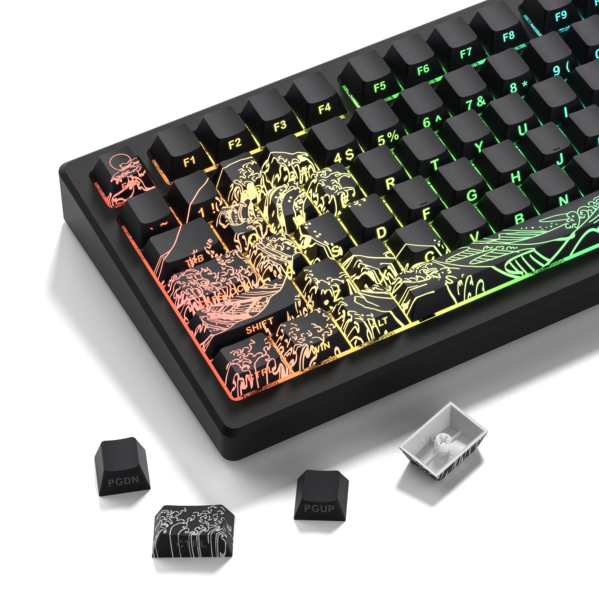 Black Kanagawa 2.0 Side Print Shine Through Keycaps 5 Sides Dye Sub PBT Keycaps Cherry Profile 134 Keys for MX Switches Keyboard