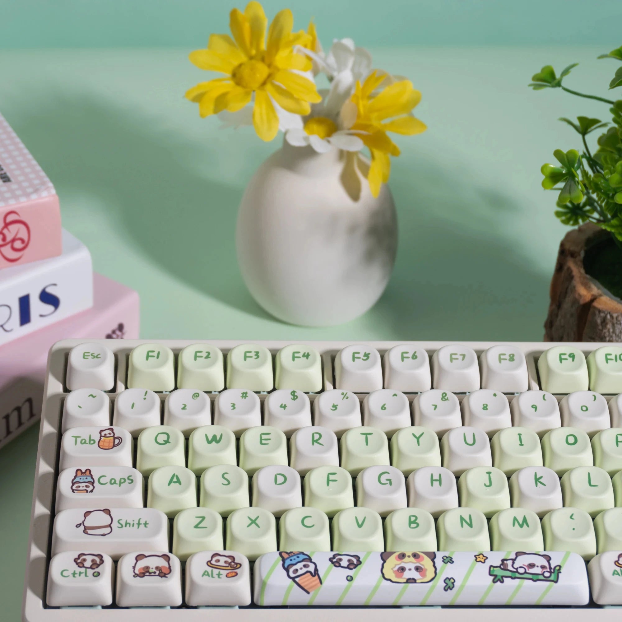Green Panda MOA Profile Dye Sub PBT Keycaps 130 Keys Custom Keyboard Keycaps for Cherry MX Switches Mechanical Gaming Keyboards
